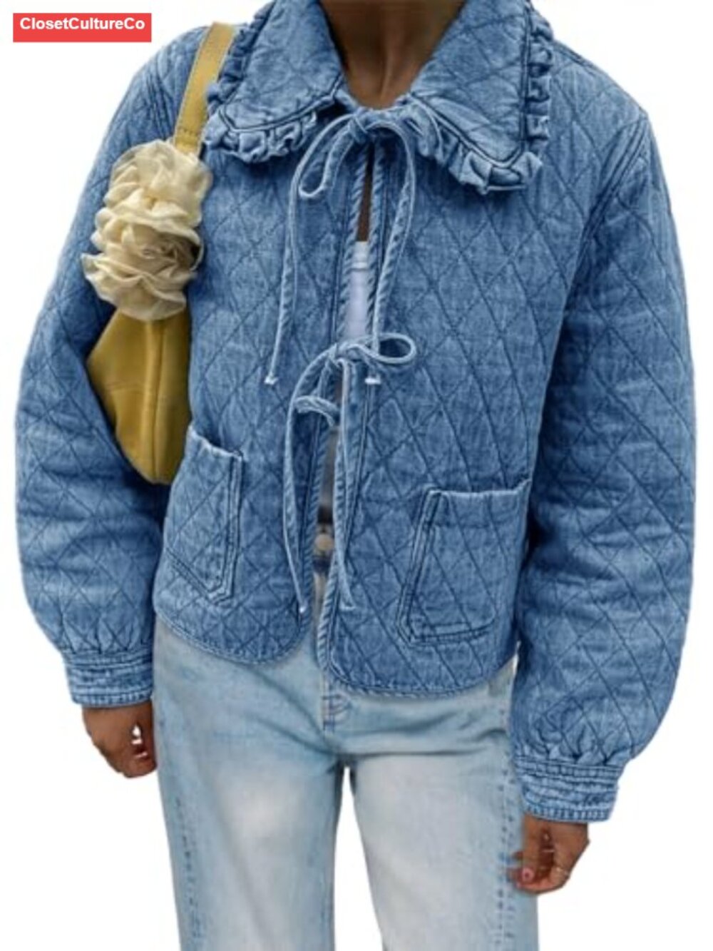 Quilted Denim Puffer Jacket Tie Front Peter Pan Collar Winter Coat